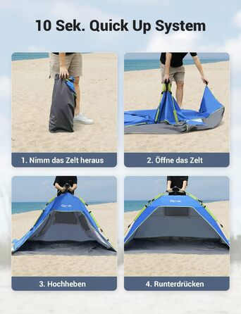 Пляжний намет Glymnis Quick Up, автоматичний пляжний намет із дверима на блискавці, захист від ультрафіолету 50, вітрозахисний, невеликий розмір у упаковці, пляжний намет для 3-4 осіб, синій