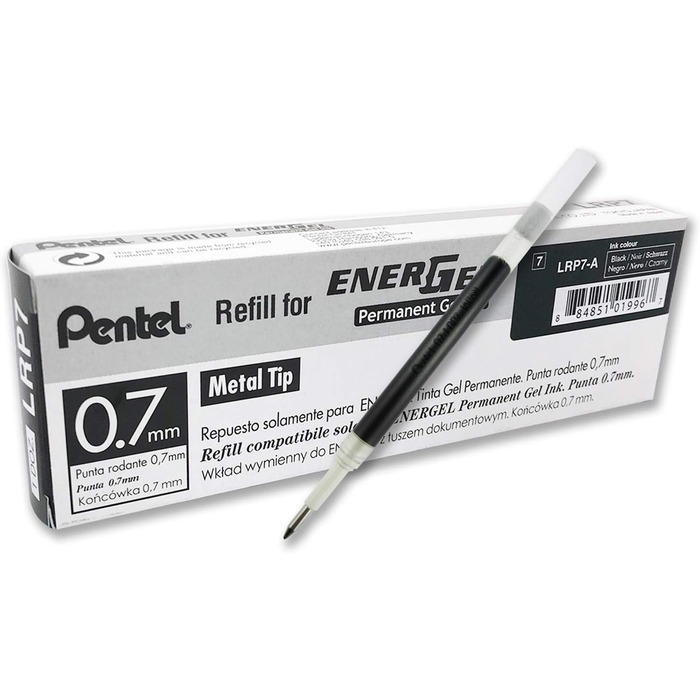 Ручка Pentel LRP7-AX Refill для ручок EnerGel, 12 шт. , 0,7 мм, чорна & EnerGel Document BLP77-AX Гелева ручка, чорна, ширина лінії 0,7 мм, світлостійке чорнило - безпечно для документів за стандартом ISO 27668-2 чорний Пучок з гелевим роликовим м'ячем, ч