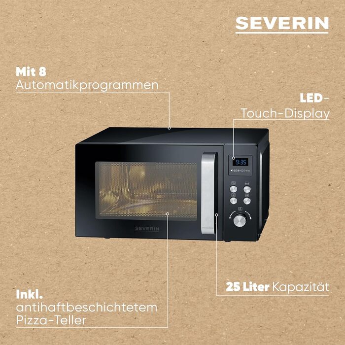 Мікрохвильова піч SEVERIN 3-в-1 з функцією гриля та конвекції до 200 C, міні-піч з функцією попереднього підігріву, мікрохвильова піч з тарілкою для піци з антипригарним покриттям, чорна, MW 7752 25L, гриль та функція конвекції
