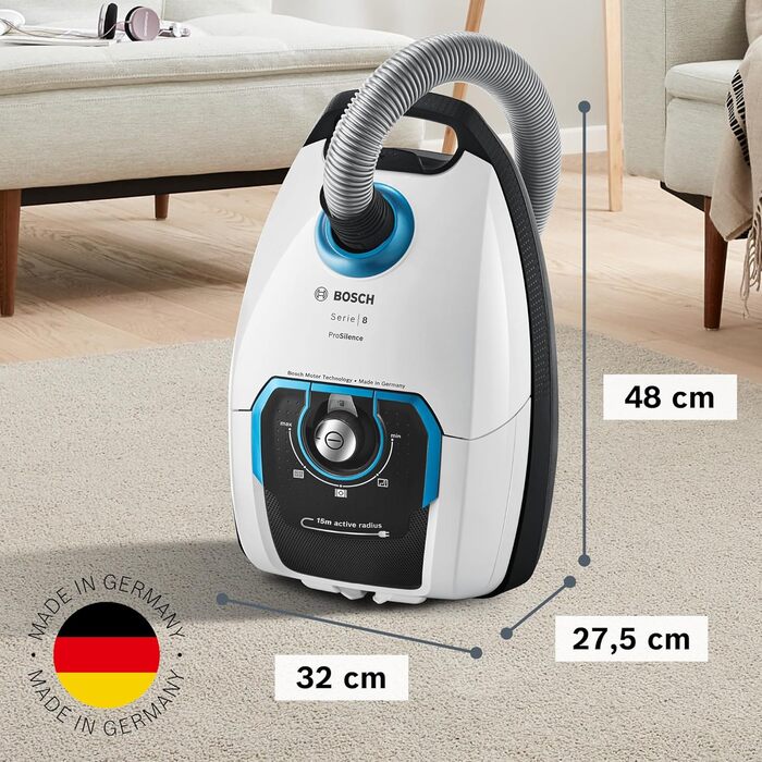 Пилосос із мішком Bosch ProSilence Serie 8 BGB75XSIL, для всіх типів підлоги та алергіків, гігієнічний фільтр, гарантія на двигун 10 років, насадка для твердих поверхонь, довгий кабель, Made in Germany, 650 Вт, білий (Переможець тестів 2024)