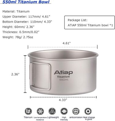 Титанова миска/каструля зі складною ручкою, одностінна титанова миска для приготування їжі зі складною ручкою для використання на свіжому повітрі, кемпінгу, походів, пікніків (550 мл)