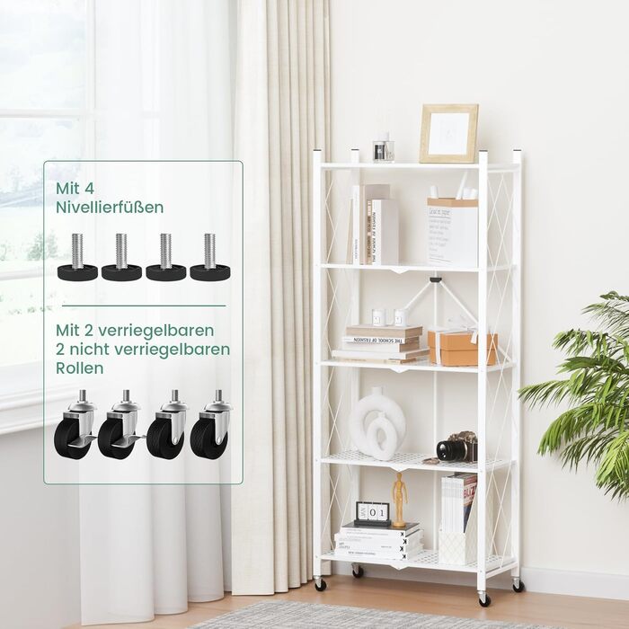 Складана полиця ALANNG на колесах - Окремостояча полиця з 5 полицями, Металева книжкова полиця - Міцна та без складання - Для кухні, вітальні, підвалу, офісу - Біла 154 x 62 x 29,5 см