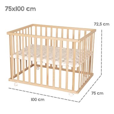 Манеж roba 75 x 100 см з вкладишем Star Magic Grey - манеж із захисним вкладишем та колесами - регульований по висоті та мобільний - натуральне дерево