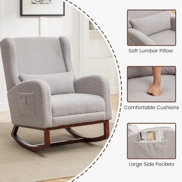 Крісло-гойдалка з підставкою для ніг, крісло-гойдалка, м&39яке крісло для годування з дерев&39яними ніжками та боковими кишенями, крісло для годування з високою спинкою для вітальні, спальні, дитячої кімнати (оксамитовий світло-сірий)