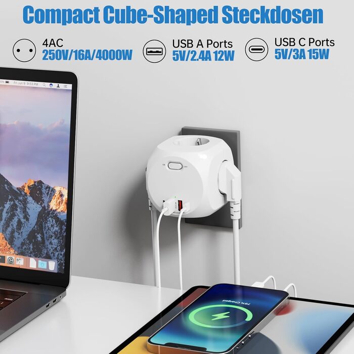 Розетка з USB, розетка з вимикачем, подовжувач на 8 розеток N 1, куб з 2 розетками USB-C, адаптер для домашнього офісу з кубом роз