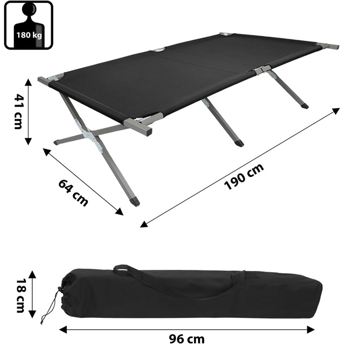 Складане похідне ліжко BB Sport 190 x 64 x 41 см, міцне, кемпінгове ліжко, вантажопідйомність 180 кг, портативне, зручне, дорожнє ліжко, сталева труба, тканина Оксфорд 600D, сумка для перенесення, гостьове ліжко, складне, чорного кольору