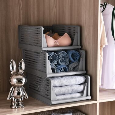 Набір ящиків із 4 предметів, гардеробний органайзер, штабелювана шафа, полиця для зберігання, пластиковий роздільник, штабелювані ящики для одягу, кухня, спальня, сірий