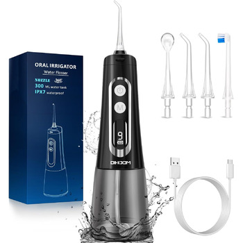 Бездротовий електричний очищувач зубів Oral Irrigator - DIHOOM 300ML Water Flosser 9 Mod & 4 насадки, зарядний пристрій USB водонепроникний IPX7, Стоматологічний іригатор Переможець тесту іригатора для дому та подорожей (чорний)