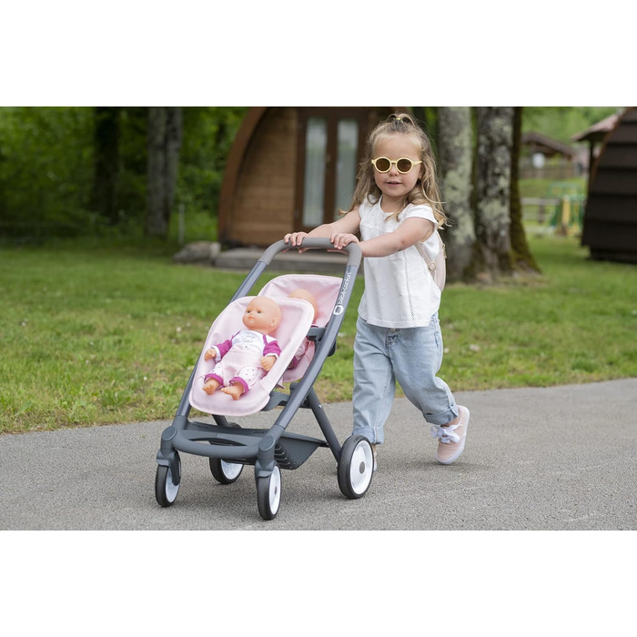 Коляска для двійні - для ляльок та ляльок - безшумні та різноспрямовані колеса - кошик для зберігання - 253216 Рожевий
