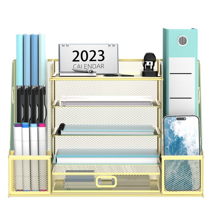 Настільний органайзер SUPEASY Grid з тримачем для файлів, 5-шаровий лоток для паперу та листів з тримачем для журналів, настільний органайзер та місце для зберігання з шухлядою, золотистий