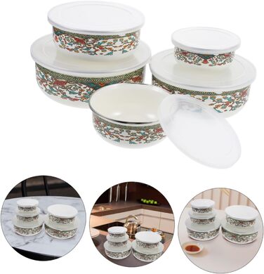 Набір емальованих мисок Amosfun з 5 предметів, багатоцільові миски з кришками для локшини швидкого приготування, салату, супу, мисок для змішування, мисок для зберігання продуктів з гладкою поверхнею для домашнього використання, 18,60 x 18,60 x 7,50 см