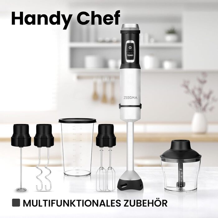 Ручний блендер ZEEGMA Handy Chef 5в1 багатофункціональний 1500 Вт, набір насадок блендер, блендер, віночок, гачок для змішування, кухонний комбайн 0,6 л, контейнер 0,8 л, турборежим, регулювання швидкості