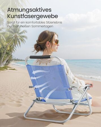 Пляжне крісло SONGMICS, портативне розкладне крісло, регульована спинка в 4 положеннях, з підлокітниками, дихаюче та зручне, вуличне крісло 1, синього кольору