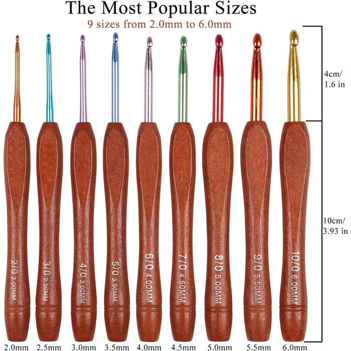 Набір гачків Coopay із барвистою деревяною ручкою, ергономічні металеві гачки з деревяною ручкою для рук із артритом, 9 предметів, набір легких гачків для початківців і дітей, набір гачків 2,0 мм6,0 мм