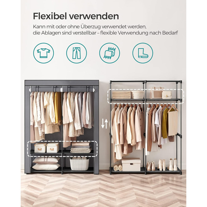 Портативна шафа для зберігання SONGMICS з підвісною штангою, складна, гардероб, спальня, кабінет, 140 x 43 x 174 см, сірий RYG02GY