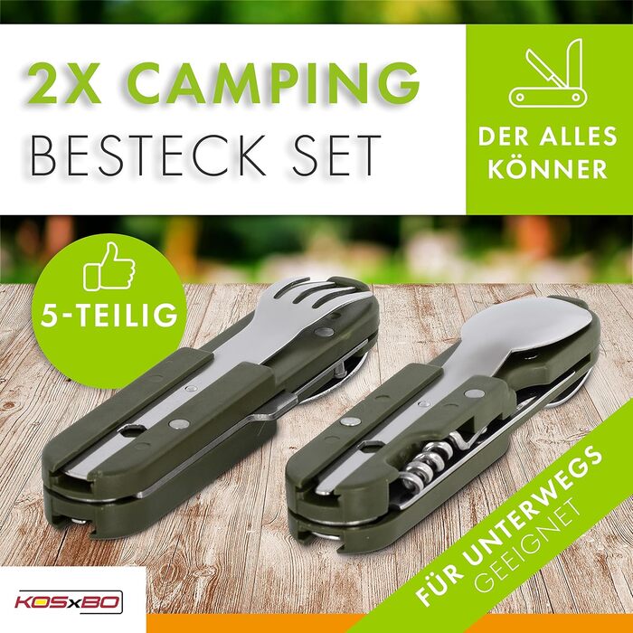 Набір столових приборів з нержавіючої сталі для кемпінгу з 6 предметів, сріблясто-зелений, 2 шт.