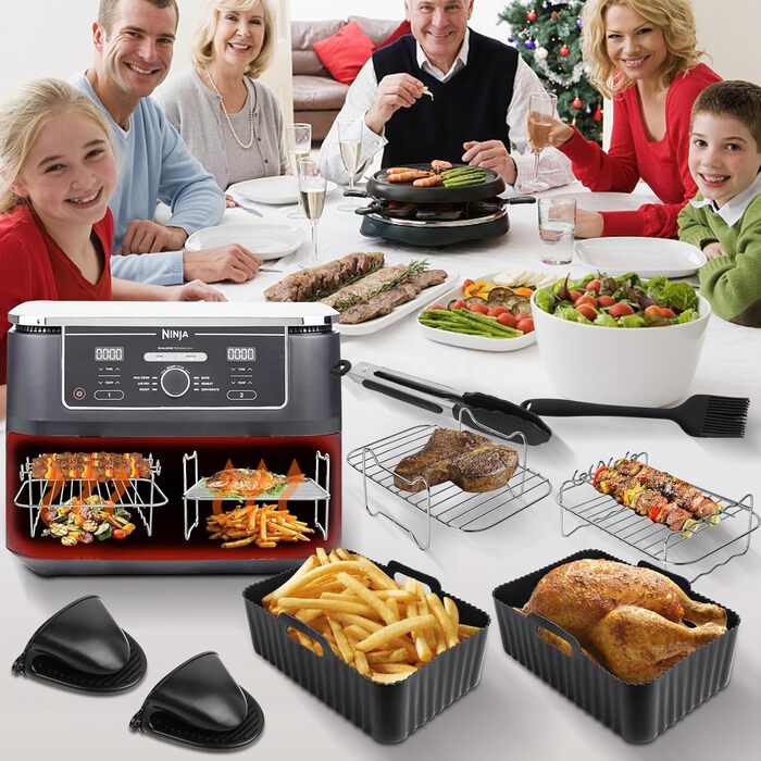 Аксесуари для фритюрниці, силіконові вкладиші для фритюрниці Ninja AF400EU AF300EU AF451EU AF500EU Tower T17088 7.6L-9.5L, 10 шт. Аксесуари для подвійної аерофритюрниці включають буклет посібника з кулінарії, чорний