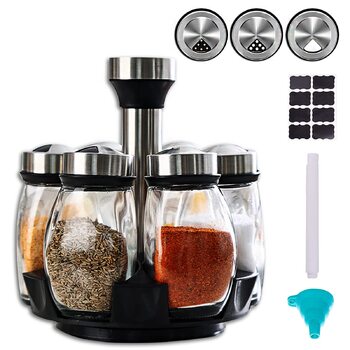 Обертова підставка для спецій, карусель для спецій, тримач для спецій на 6 склянок, підставка, що обертається на 360, набір вежі з 6 скляними контейнерами для спецій для шафи, стільниці, кухні (спеції не входять до комплекту) SPICE RANK-6