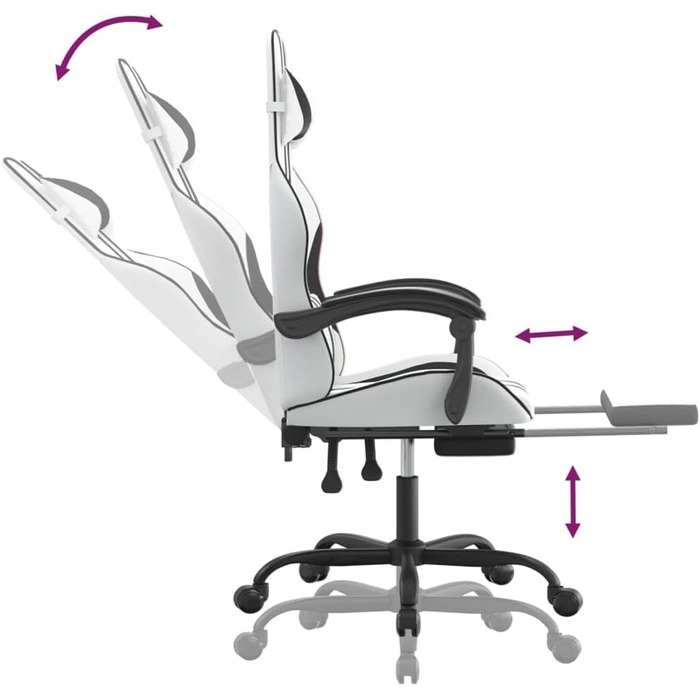 Геймерське крісло з підставкою для ніг, біла та чорна штучна шкіра, регульована спинка та висота, функція повороту на 360 градусів, міцна та брудовідштовхувальна штучна шкіра, міцне 36,5 x 42 см (Ш x Г), чорний колір