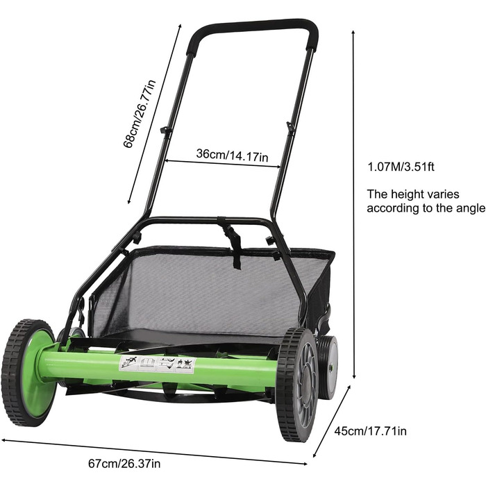 Ручна газонокосарка Lightakai з котушкою, ширина зрізу 50 см Ручна газонокосарка з котушкою з травозбірником Регульована висота скошування з 5 сталевими лезами