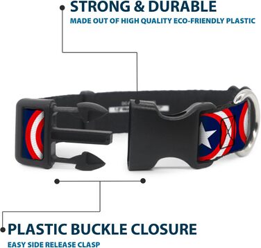 Нашийник для собак Капітан Америка, з пластиковою застібкою, синій, вузький, середній розмір (7-13.5 см) - для шиї 8-12 дюймів (20-30 см)