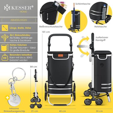 Багатофункціональний візок для покупок зі сходами, з термосумкою, складною конструкцією, місткістю 56л та вантажопідйомністю до 50кг 3-в-1 Візок-драбина, сумка-візок та сумка через плече Складаний візок для покупок з жетоном для покупок, чорний