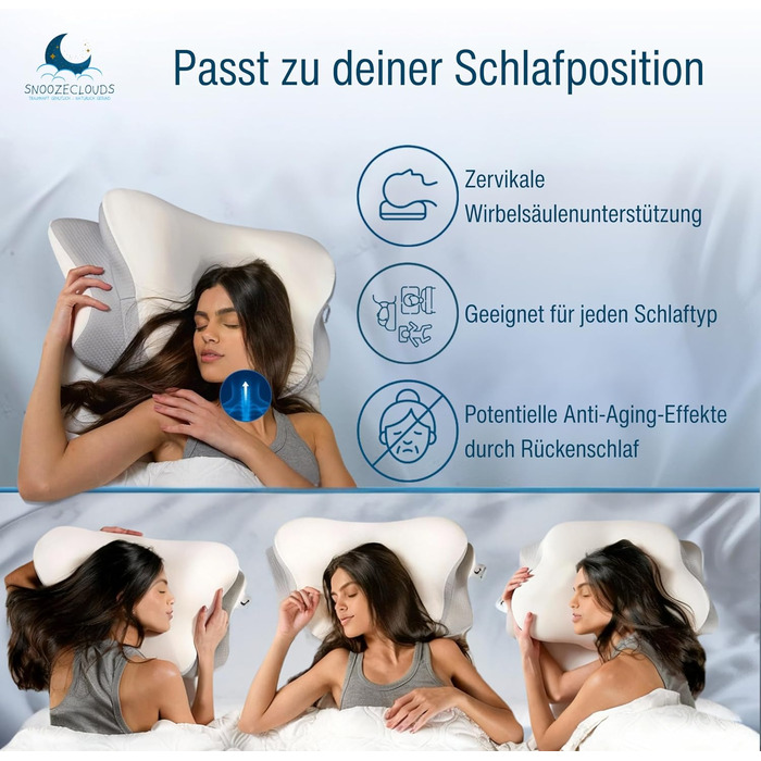 Ергономічна подушка - Ортопедична подушка для шиї з піни з ефектом пам&39яті - Подушка для сну на боці з 2 чохлами - Регульована висота - Сертифікована - Підтримує біль у шиї - Сірий/Білий
