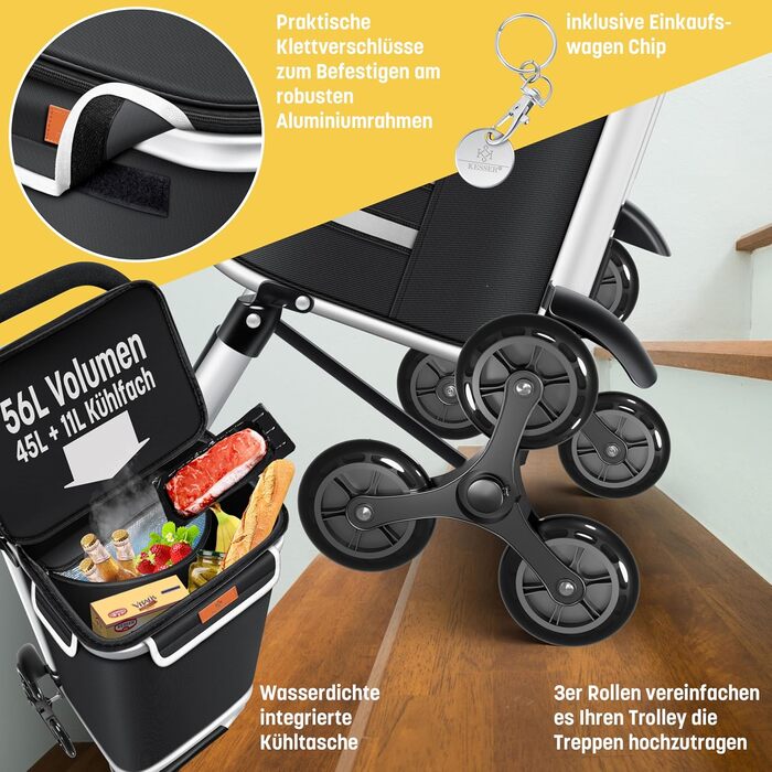 Багатофункціональний візок для покупок зі сходами, з термосумкою, складною конструкцією, місткістю 56л та вантажопідйомністю до 50кг 3-в-1 Візок-драбина, сумка-візок та сумка через плече Складаний візок для покупок з жетоном для покупок, чорний