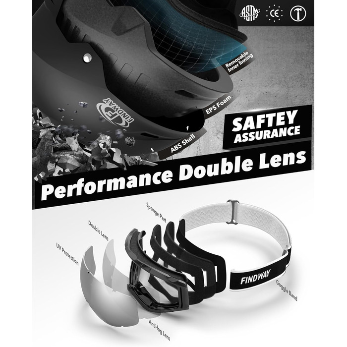 Комплект лижного шолома та окулярів Findway, шолом для сноуборду з окулярами для чоловіків та жінок, лижні шоломи для дорослих для чоловіків, жінок та молоді, розмір M (54,5-58,5 см), чорний