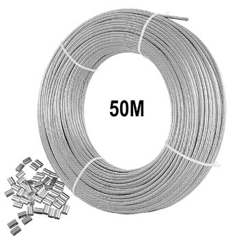 Трос 2 мм, трос з нержавіючої сталі 316, 50-метровий авіаційний кабель з обтискною петлею з 25 частин, сердечник 7 x 7, міцність на розрив 167 кг Ідеально підходить для вулиці, саду або рукоділля