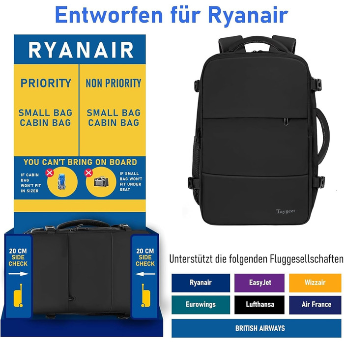 Ручна поклажа Taygeer Ryanair 40x30x20, легкий рюкзак для ручної поклажі Airplane 24L, рюкзак 40x30x20 з відділенням для ноутбука 15,6 дюймів та портом заряджання USB, невеликий дорожній рюкзак для вихідних, коротких поїздок, чорний Ryanair 40x30x20 см