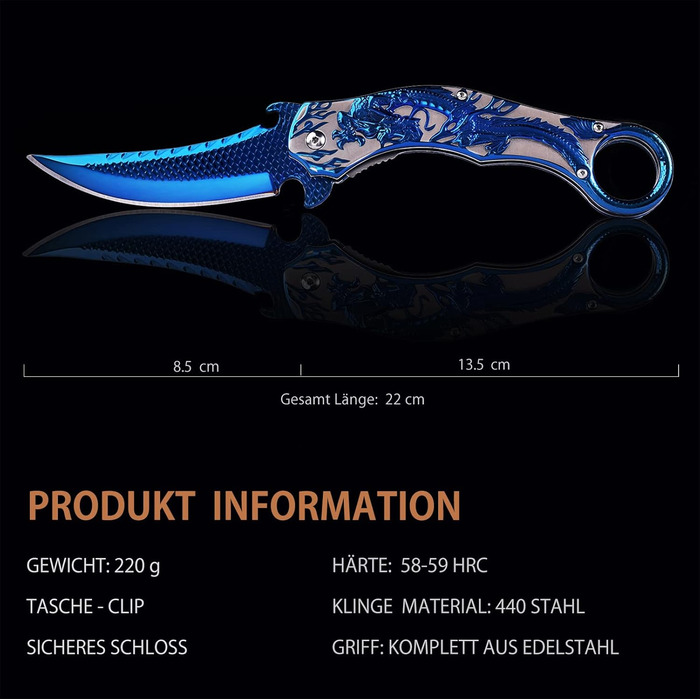 Прохолодний синій дракон складаний ніж для чоловіків, прохолодний складаний кишеньковий ніж з титановим покриттям тисненням 3D дра