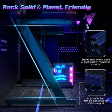 Ігровий стіл Homall зі світлодіодним підсвічуванням, ігровий стіл з RGB-підсвіткою 120 x 60 см, Z-подібна форма, великий комп&39ютерний стіл з гачком для навушників та підставкою для чашок, ігровий стіл для домашнього офісу (чорний)