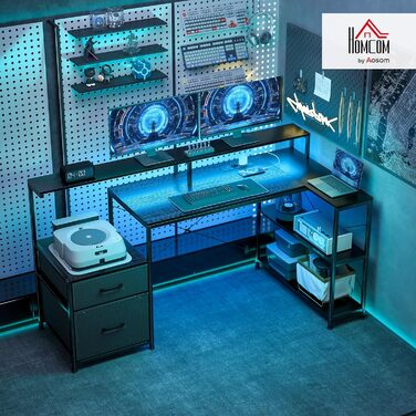 Ігровий стіл HOMCOM, L-подібний, 165 x 80 см, зі світлодіодним освітленням та розетками, комп&39ютерний стіл з підставкою для двох моніторів, 2 шухляди, відділення для зберігання, для домашнього офісу, ігор, навчання, чорний колір дерева