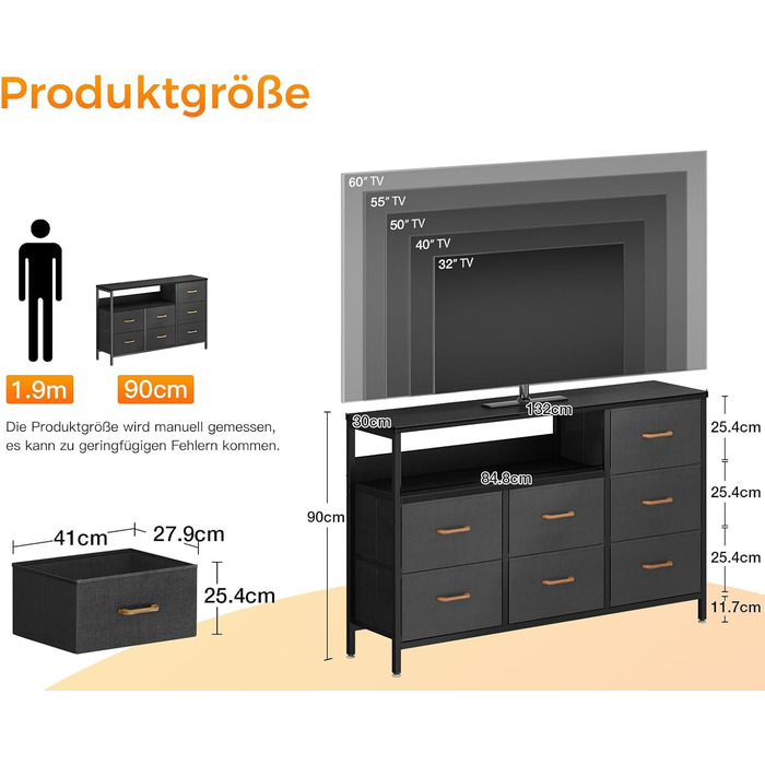 Комод Coleshome зі світлодіодною стрічкою, що змінює колір, та 2 розетками USB і 2 розетками змінного струму, комод із 7 тканинними шухлядами, підходить для спальні, вітальні, 132 * 30 * 89 см, чорний