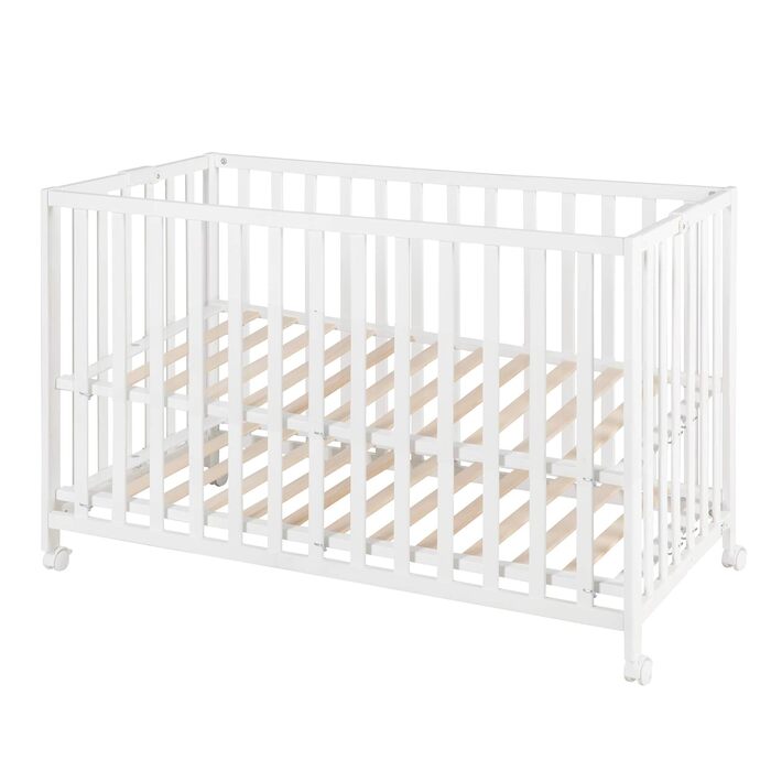 Розкладне ліжко roba Fold Up 60 x 120 - Складане дерев&39яне дитяче ліжечко - Регульоване у 2 напрямках - Ліжечко на колесах, що економить місце - Біле