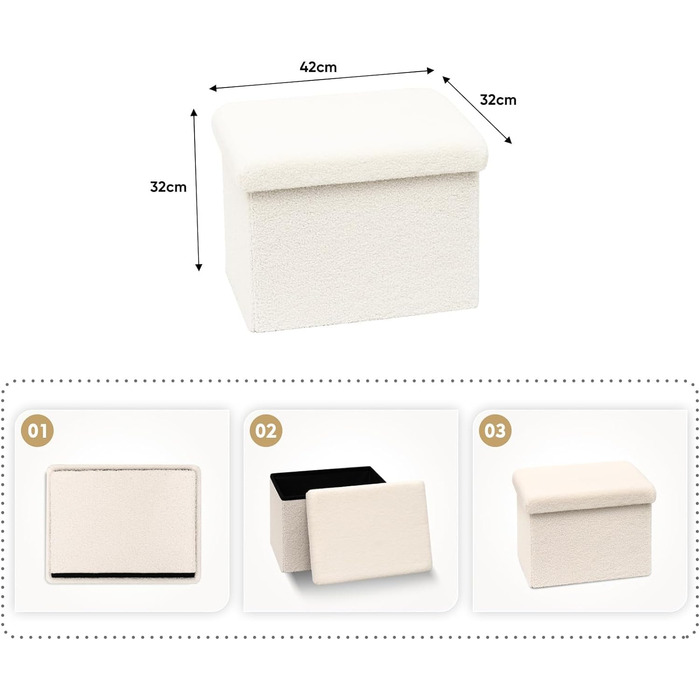 Пуф для зберігання Bonlife, складне кубічне сидіння з кришкою, флісова скриня-підніжка, білий колір, 42x32x32 см (42 Г x 32 Ш x 32 В см)