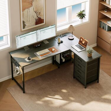 Кутовий письмовий стіл ODK з 4 шухлядами, 135100 см, L-подібний стіл з розеткою та портом зарядки USB, двосторонній стіл з місцем для зберігання для домашнього офісу та ігор, чорний 135 100 см