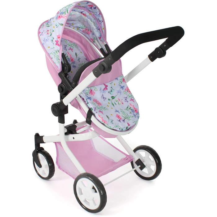 Лялькова коляска Mika, комбінована лялькова коляска 2в1 для дітей від 4 до 8 років, коляска для ляльок до 52 см, Квіти, рожева, 20
