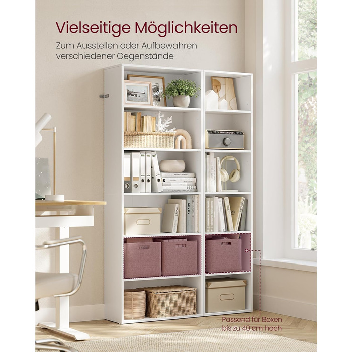 Книжкова полиця VASAGLE, 6-ярусна, відкрита полиця для зберігання, окремостояча полиця, 24 x 60 x 178,5 см, для вітальні, домашнього офісу, їдальні, хмарно-білий LBC169T14 6 ярусів (60Ш x 178,5В см) хмарно-білий