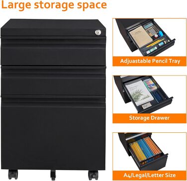 Мобільна шафа для документів, що замикається, офісна шафа, металева шафа, картотечна шафа, шафа для зберігання речей, бічна шафа, шафа з шухлядами, офісний комод для документів, 39 x 50 x 62 см, чорний, 3 шухляди