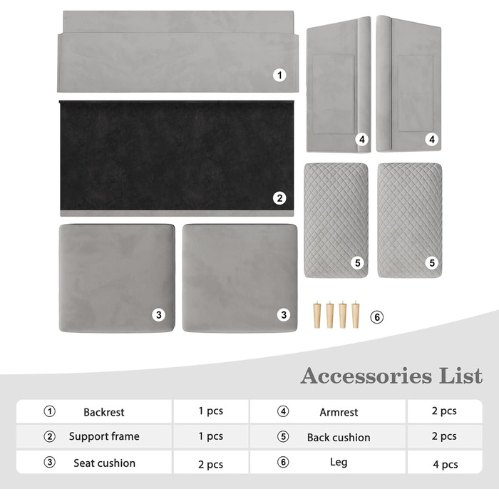 Оксамитовий диван Vesgantti, 2-місний, 164 см диван з кишенями з обох боків, 2-місний диван з 2 подушками та підлокітниками, двомісний диван для вітальні, спальні, офісу, складання без інструментів, 164Д*76Г*85В см, оксамит, сріблясто-сірий