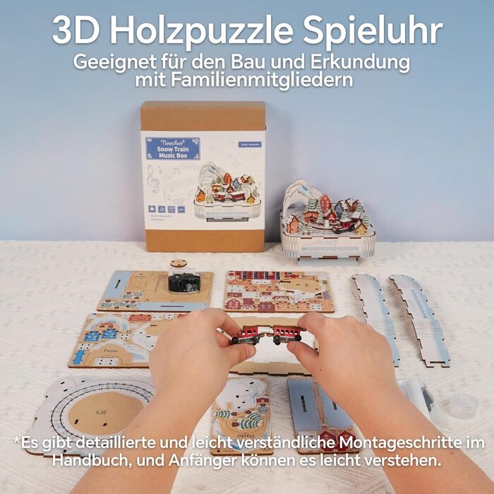 Музична скринька Tonecheer Дерев'яний 3D-пазл, набір моделей для сім'ї котів своїми руками для дорослих, обертова музична шкатулка, дерев'яна головоломка Подарунки для прикраси будинку Подарунок на день народження Різдвяні підлітки (Сніговий поїзд)