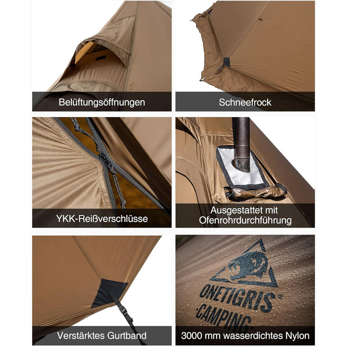 Намет OneTigris NORTHGAZE 2.0 Tipi для 2-4 осіб, кемпінговий намет на 4 сезони, водонепроникний, пірамідальний, 3000 мм (нейлон)