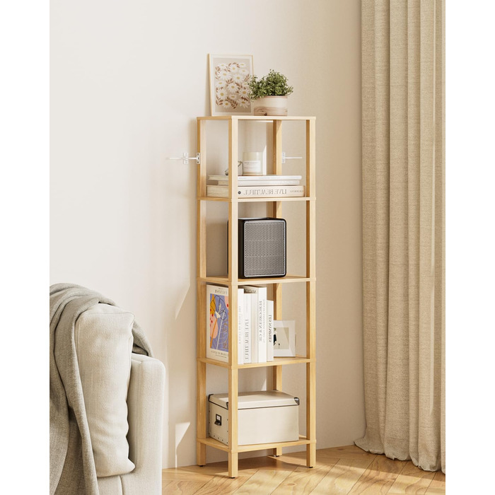 Книжкова полиця, вузька полиця з 5 полицями, кухонна полиця з відкритими полицями, 38 см x 27 см x 136 см, окремостояча полиця для вітальні, офісу, кабінету, дуб, 5 полиць