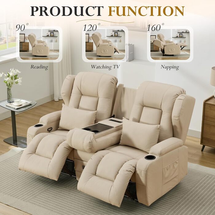 Двомісний диван з функцією сну, крісло-рекордер для телевізора з функцією відкидання спинки, сидіння для домашнього кінотеатру з консоллю, підсклянник, шухляда, розетка, бежевий