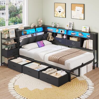 Дитяче ліжко DICTAC 90x200 см з 6 шухлядами, світлодіодним освітленням та зарядною станцією Багатофункціональний диван-ліжко з вбудованою тумбочкою та прихованим місцем для зберігання в узголів&39ї (чорний) 90x200 см