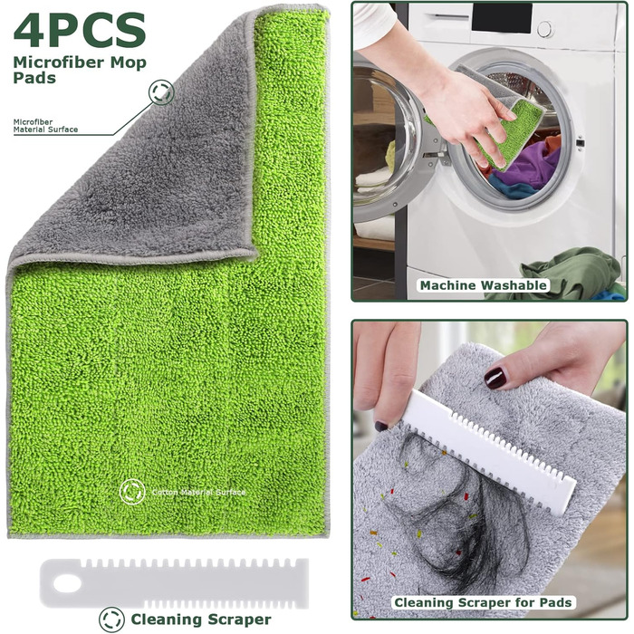 Плоска швабра Masthome, підлогова швабра 360 з 4-ма мікрофібровими насадками, довжина ручки 151 см, регульована, металева основа,
