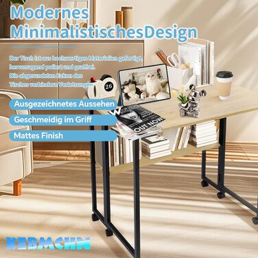 Розкладний стіл з полицею, 80x60x75 см, розкладний стіл на колесах, дерево та вуглецева сталь, компактний, багатофункціональний, для домашнього офісу, вітальні (колір дерева)