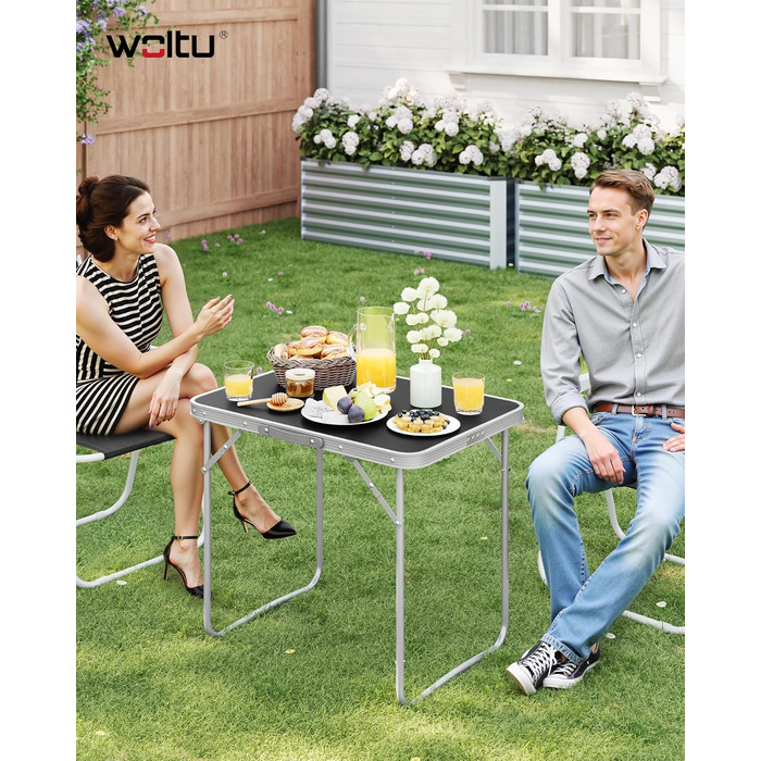 Кемпінговий стіл WOLTU з алюмінієвою рамою та ручкою, садовий стіл з МДФ, складний дорожній стіл, для пікніків, пляжу та використання на свіжому повітрі, 70 x 60 x 50 см (Ш x В x Г), чорний